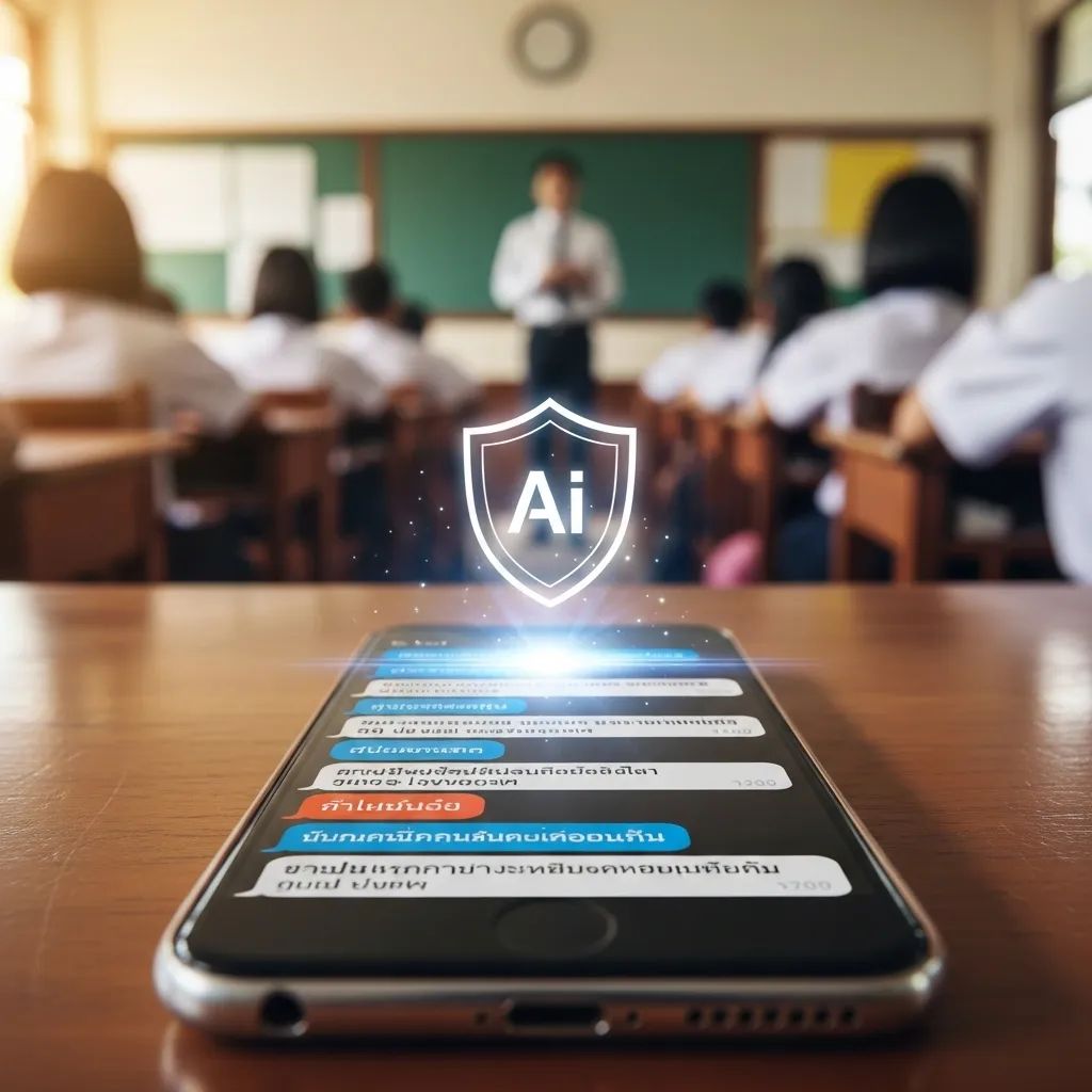 Smartphone with protective shield icon on a Thai classroom desk against blurred chat messages