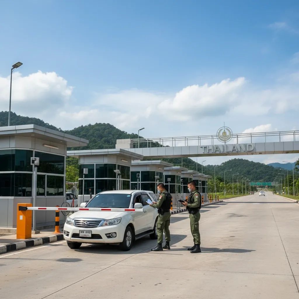 Thai immigration officers conducting document verification at a border checkpoint in Sa Kaeo