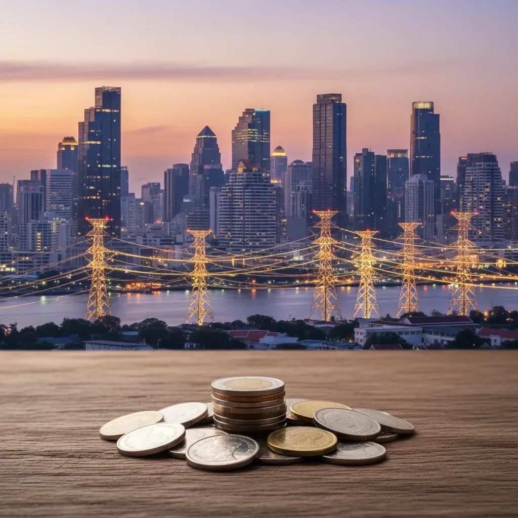 Bangkok skyline at dusk with power lines and Thai baht coins symbolising cheaper electricity and debt relief