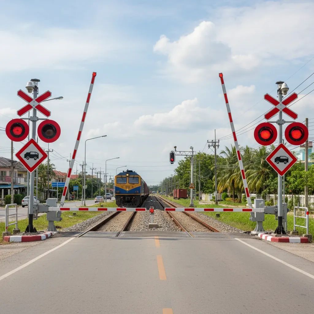 Pattaya railway crossing with lowered barriers and approaching train, showing safety infrastructure