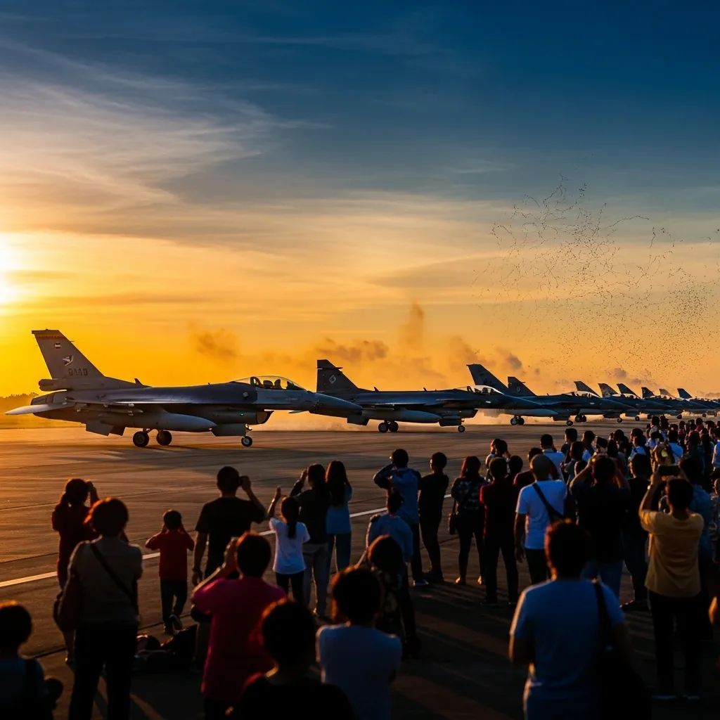 Families viewing a lineup of fighter jets at the RTAF Children’s Day airshow from a distance