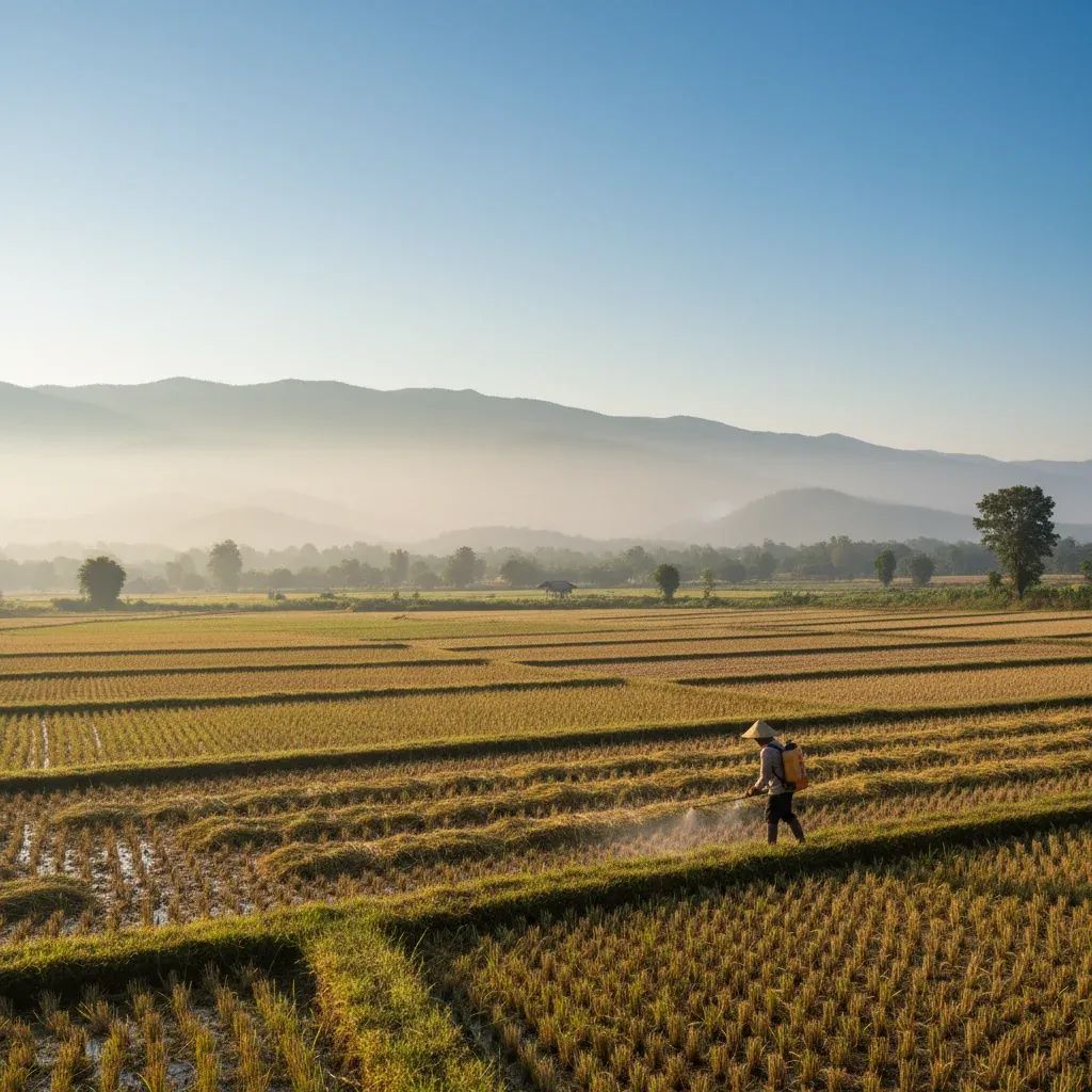 Thai farmer spraying microbial treatment on rice stubble in Chiang Rai paddy field with northern landscape background