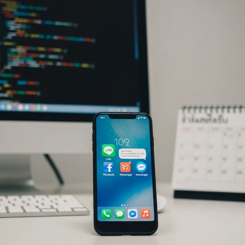 Smartphone with chat app icons and blurred computer code in the background