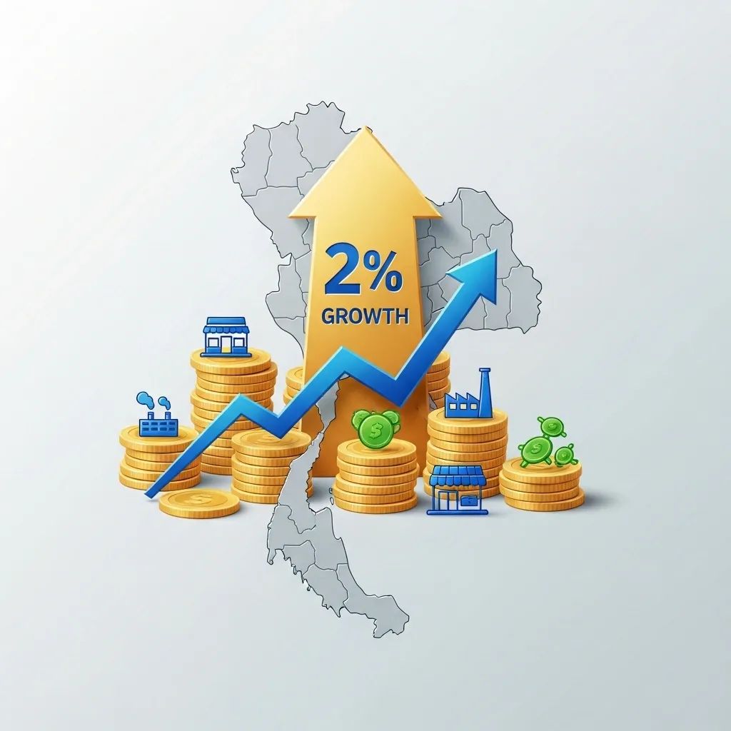 Infographic of Thailand map with upward arrow and baht coins representing 2% GDP growth and SME loans