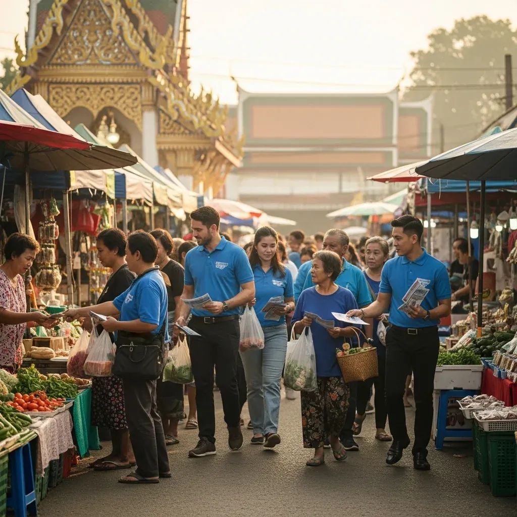 Volunteers handing out campaign leaflets in a Thai market setting