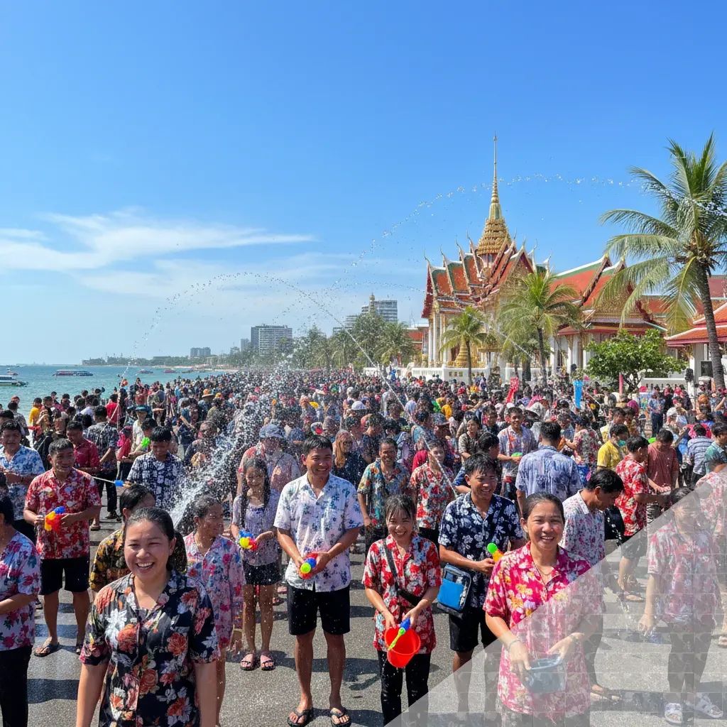 Pattaya Beach Road crowded with festival participants celebrating Wan Lai water festival with colorful water and temple in background