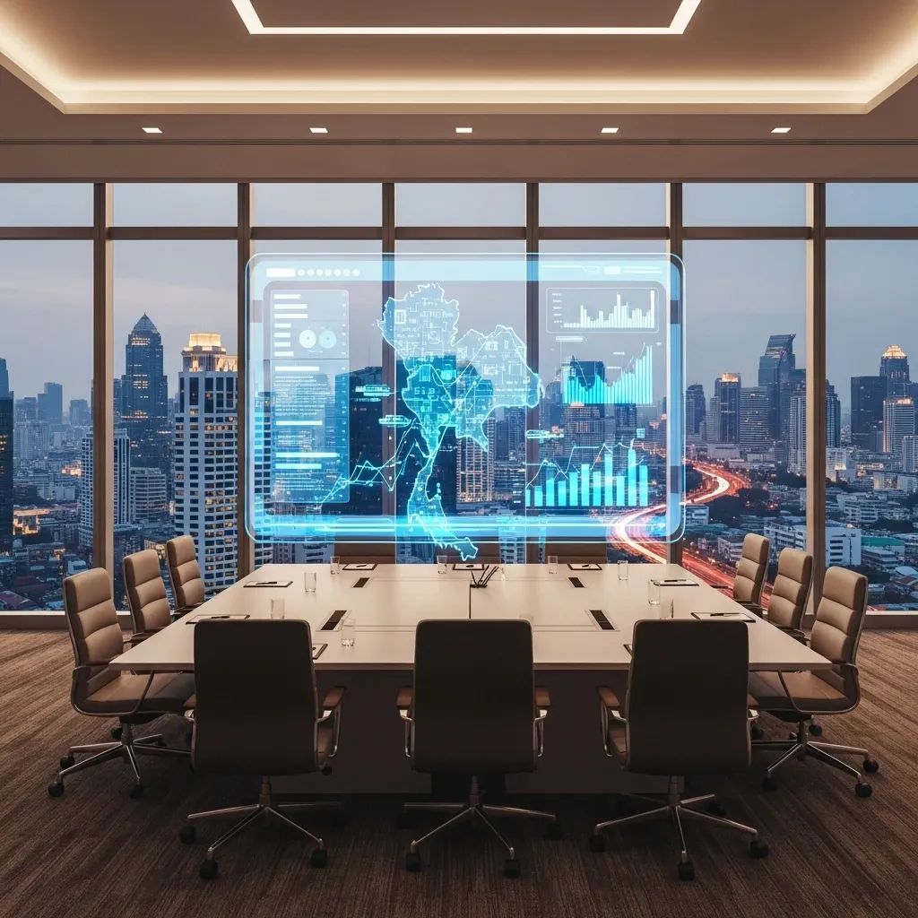 Empty modern boardroom with digital holographic map of Thailand and data-driven graphs