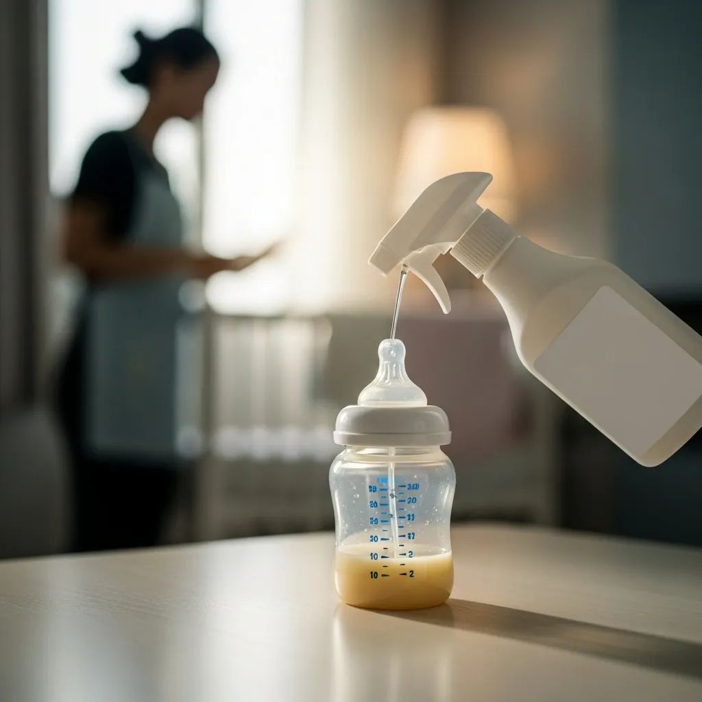 Nursery scene showing a baby bottle being tampered with by a cleaning spray bottle in a Bangkok home