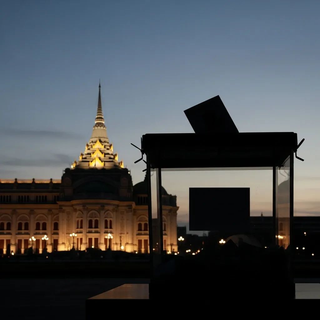 Thai Parliament building exterior with ballot box silhouette symbolizing snap election