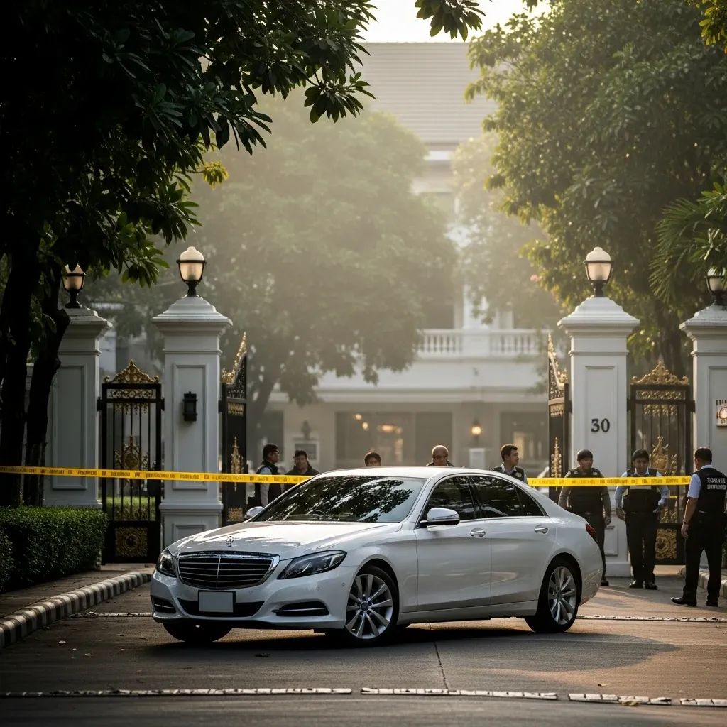 White luxury car behind police tape at a gated Bangkok estate during an investigation