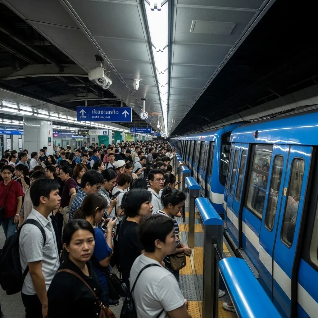 Commuters stranded on platform at Bangkok MRT Blue Line station during power outage