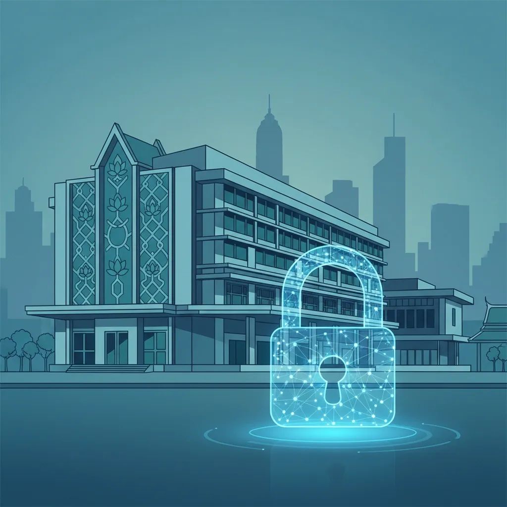 Illustration of a Thai hospital with a glowing digital padlock symbolizing secure NHSO gold-card data