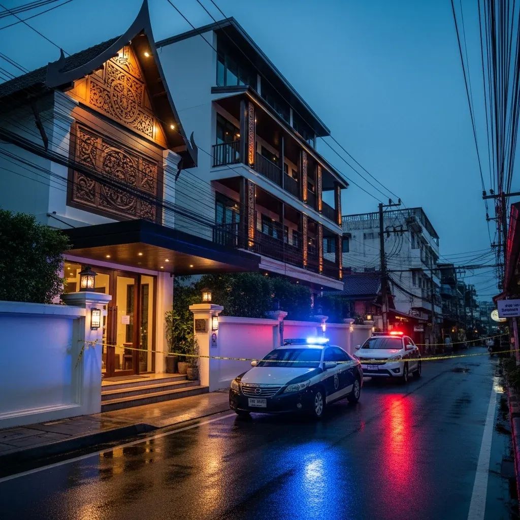 Police cars parked outside a boutique hotel in Chiang Mai’s Nimmanhaemin quarter after vandalism