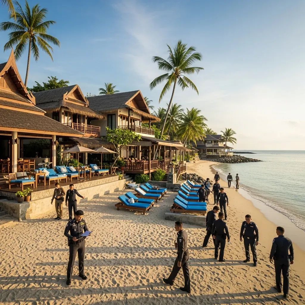 Uniformed police officers inspecting beachfront cafés and hotels on Koh Phangan