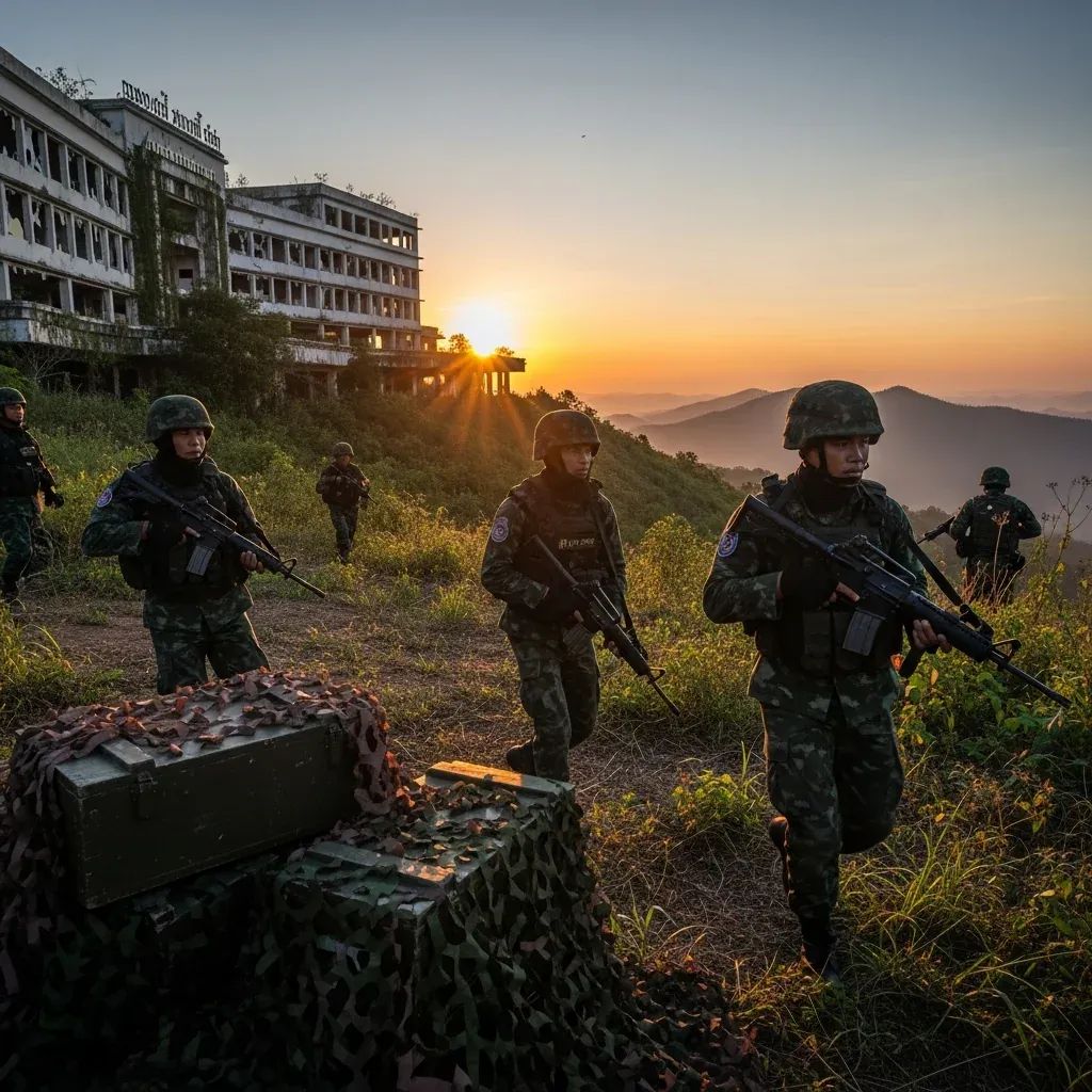 Thai marines patrolling an abandoned hilltop casino complex near the Thai-Cambodian border