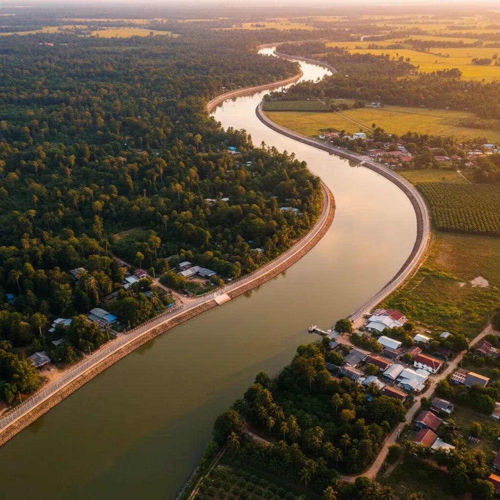 Aerial view of Golok River border between Malaysia and Thailand with security barriers installed