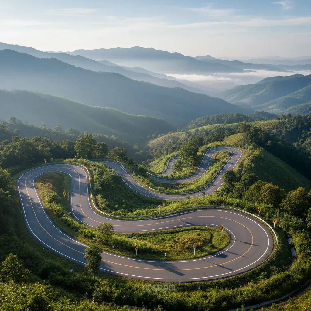 Winding mountain road through Nan Province with sharp curves and misty landscape