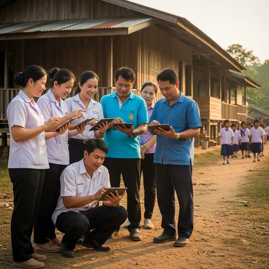 Village volunteers and teachers using tablets at a rural Thai school to track student enrollment