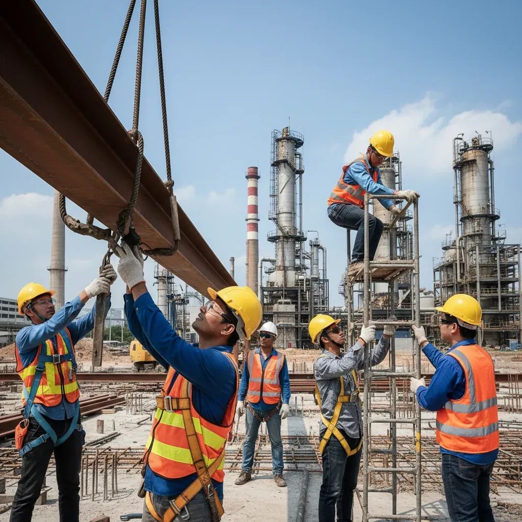 Construction workers in safety gear at a Thai building site, representing migrant worker safety and labor rights in Thailand