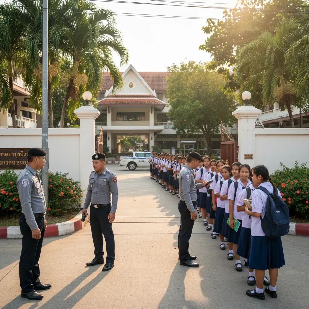 Security staff screen students at a Thai school gate in tightened measures after the Hat Yai shooting