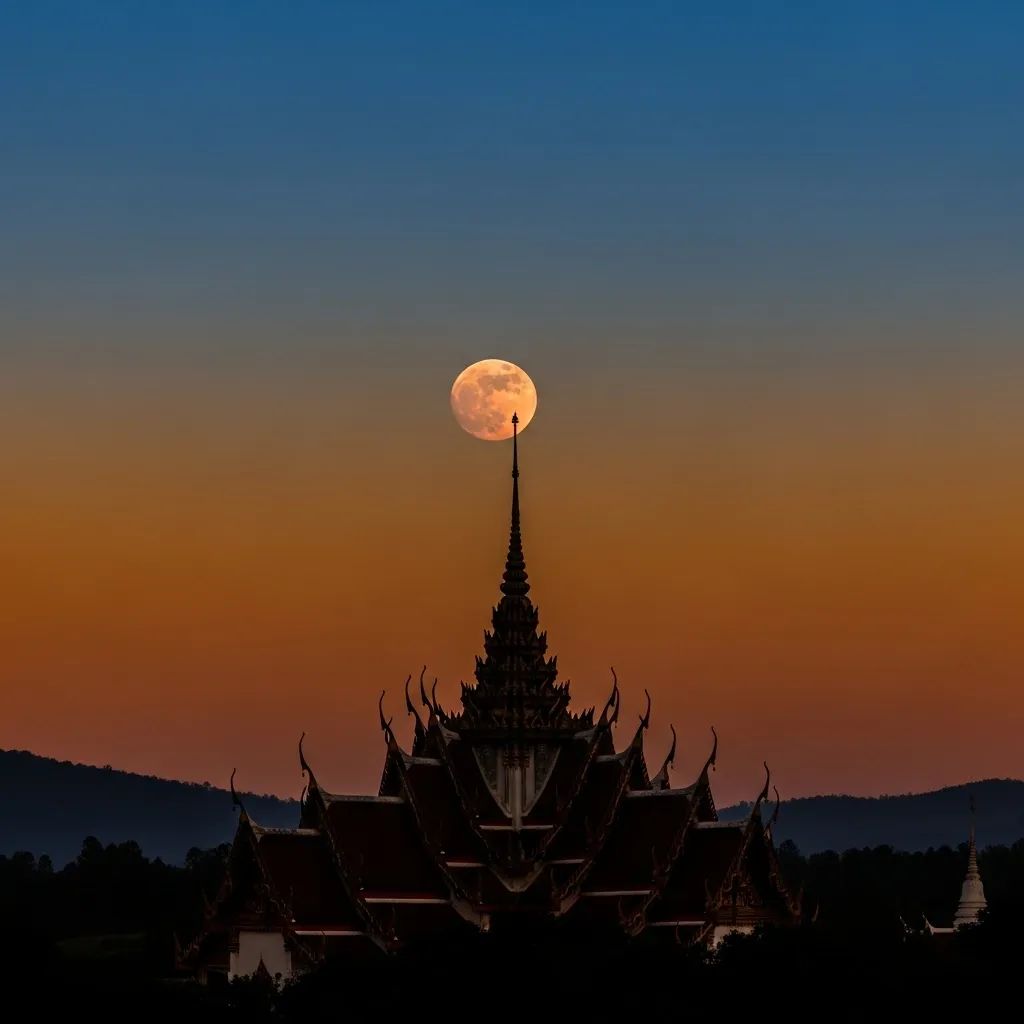 Copper-red full Moon rising above temple spires in rural Thailand at dusk