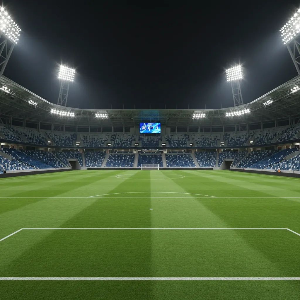Thai football stadium interior with illuminated pitch during match preparation
