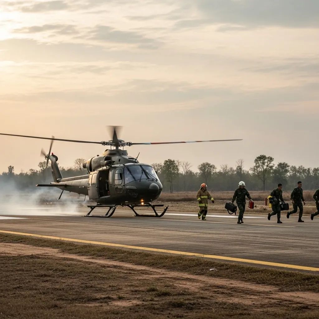 Bell 212 helicopter emergency landing on Surin runway with smoke and response teams