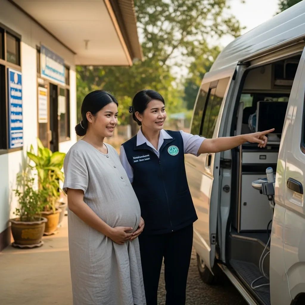 Pregnant Thai woman and village health volunteer outside a rural clinic with mobile ultrasound van