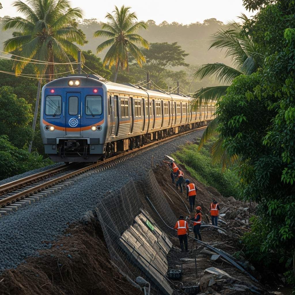 Passenger train on repaired Southern Line embankment with engineers in orange vests