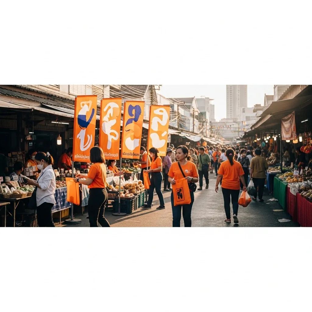 Volunteers in orange shirts at a People’s Party campaign rally in a Korat market