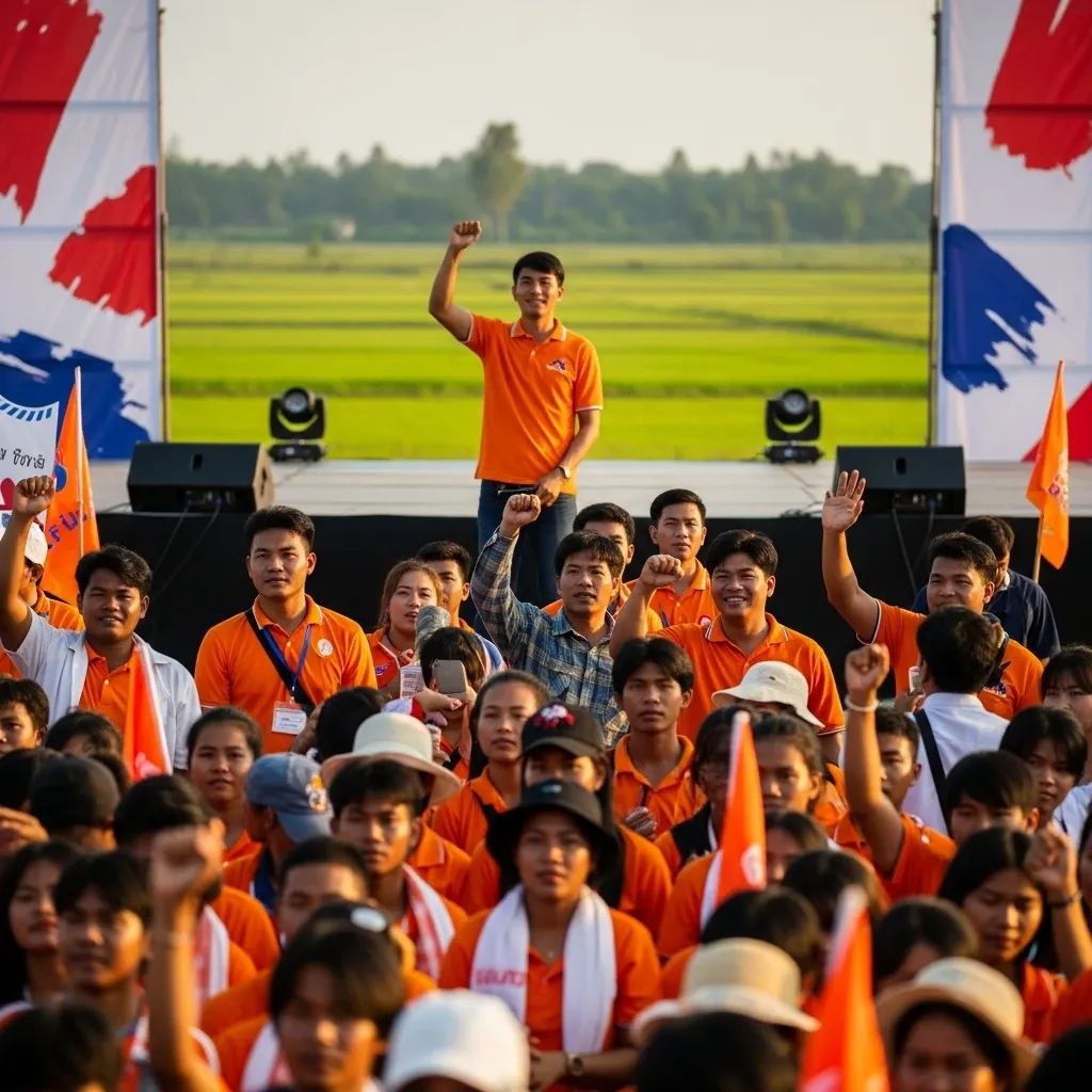 Young Thai supporters in orange shirts at an outdoor political rally in rural Thailand