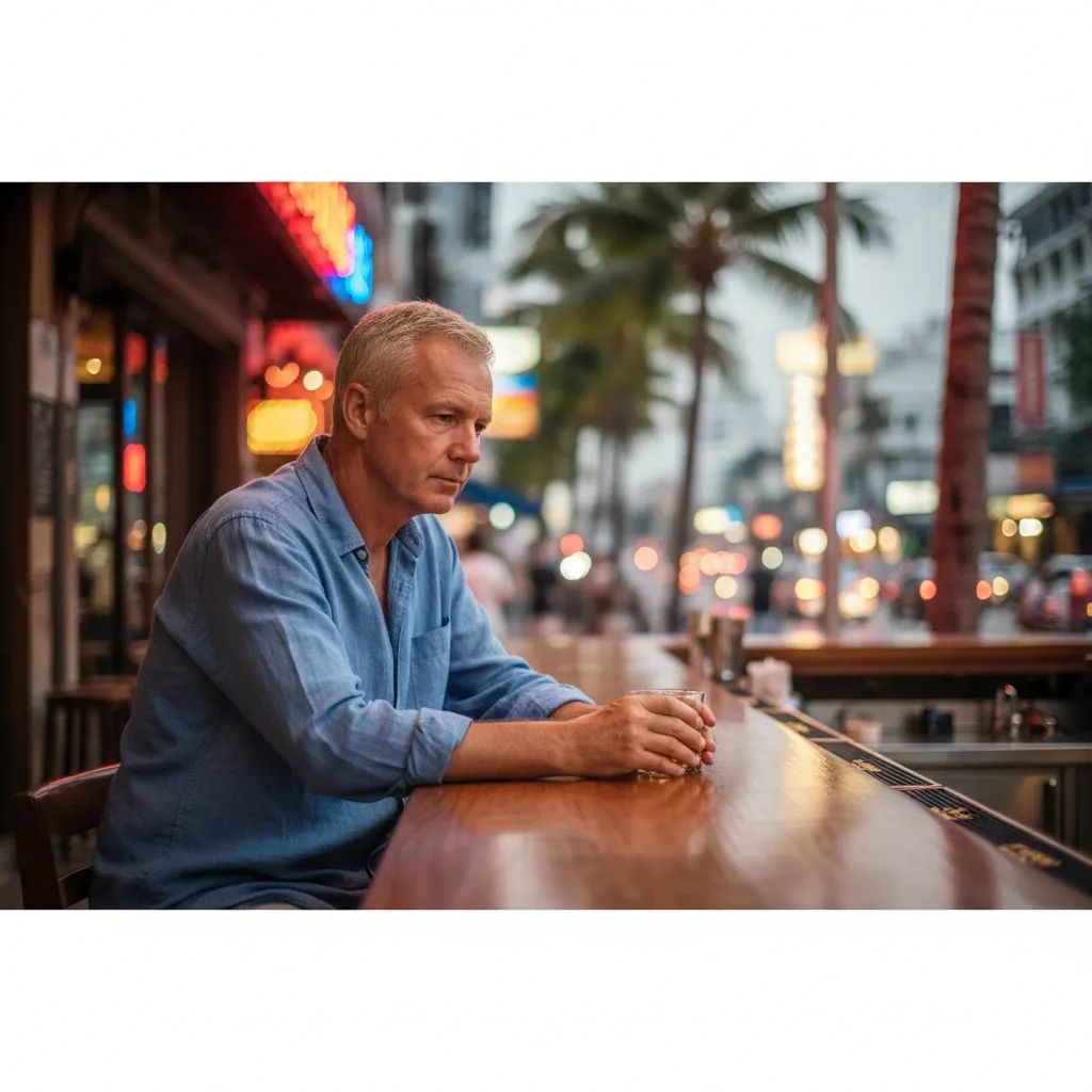 Senior expat relaxing at a Pattaya bar with neon-lit street scene visible in background