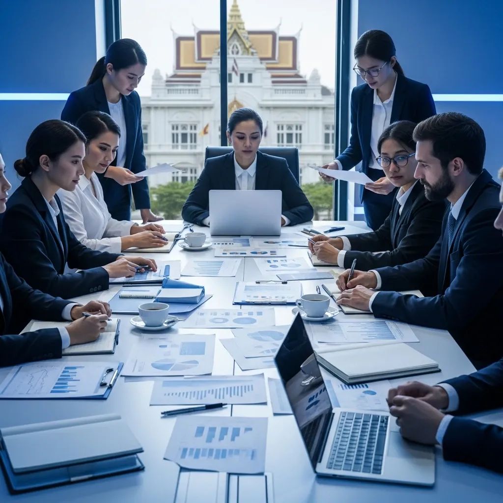 Financial reports and charts on a meeting table with a blurred Thai government building outside