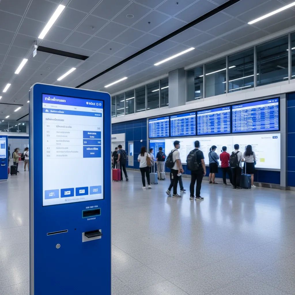 Passengers at a Thai train station viewing digital booking displays for seat reservations