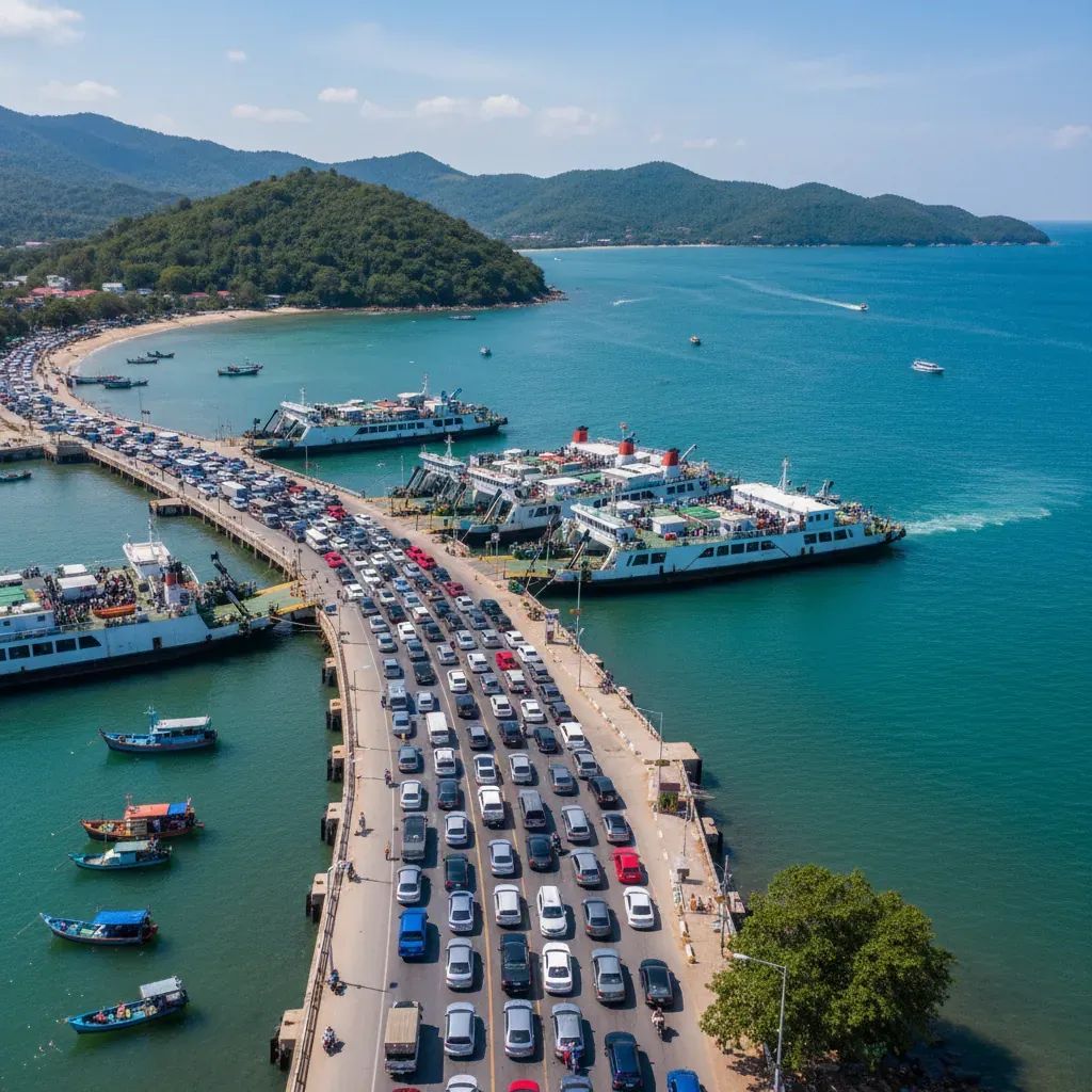 Aerial view of congested Koh Chang ferry pier with vehicle queues waiting to board ferries in Trat province