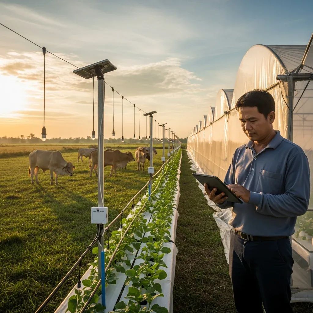 Farmer using a tablet to monitor IoT sensors in a Thai greenhouse with cattle grazing in the background