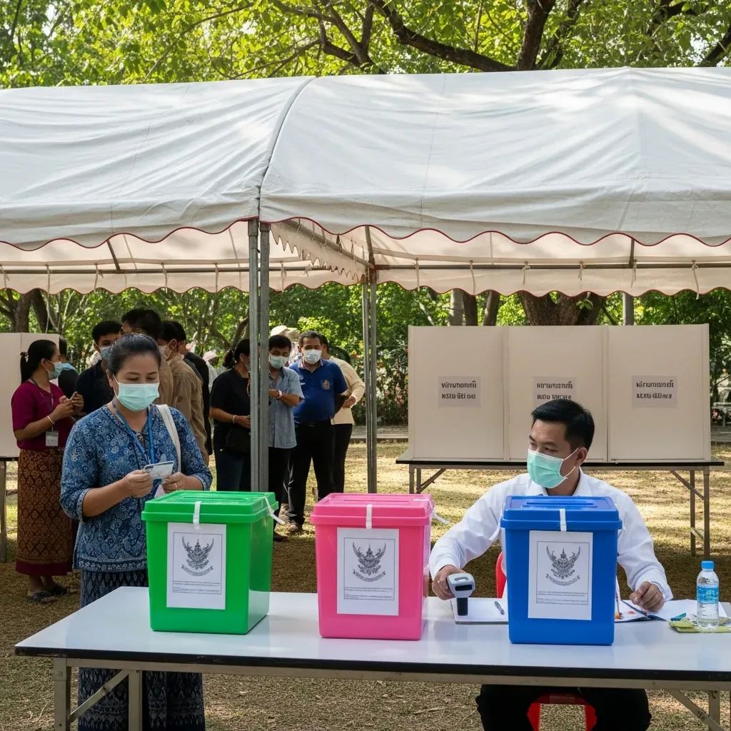 Voters queuing at a Thai polling station as an official scans a national ID, with green, pink, and blue ballot boxes