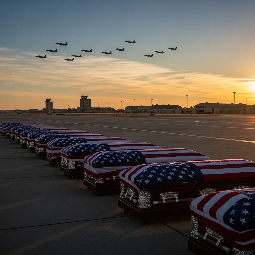 Flag-draped coffins on Thai airbase at dawn with fighter jets flying overhead