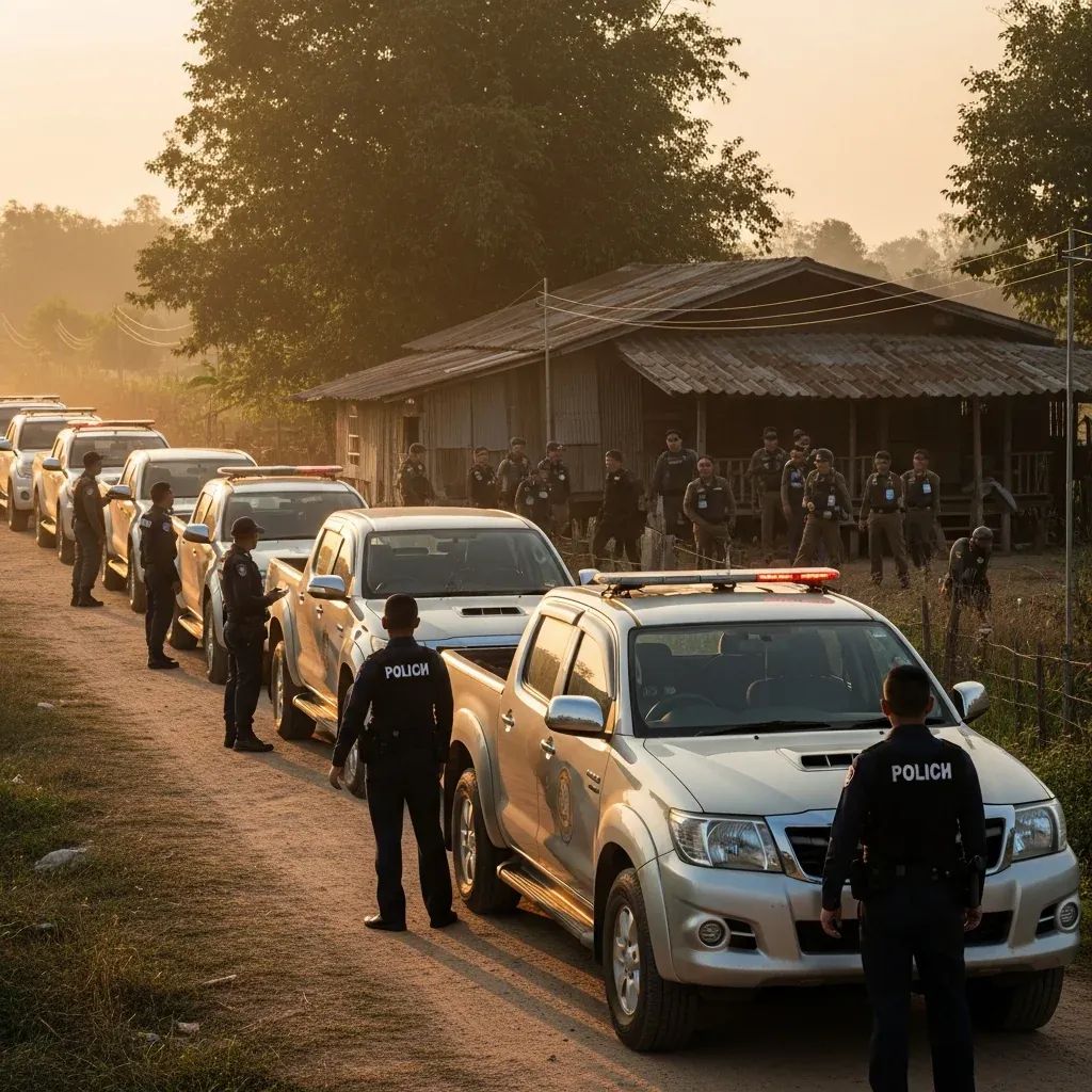 Pickup trucks and police officers raiding a rural house in Kamphaeng Phet at dawn
