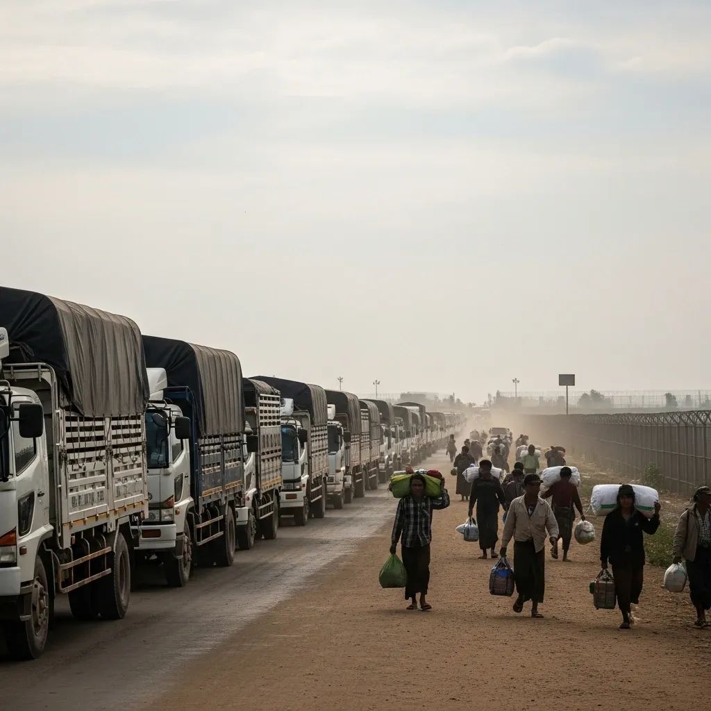 Thai-Myanmar border checkpoint with trucks and refugees walking along dusty road