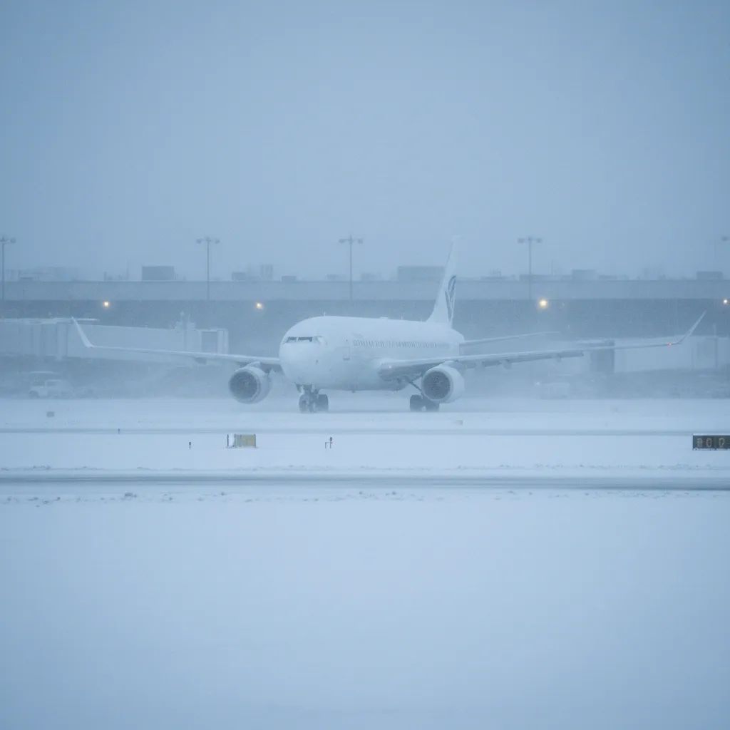 Blizzard conditions at US Northeast airport with heavy snow accumulation and winter storm weather