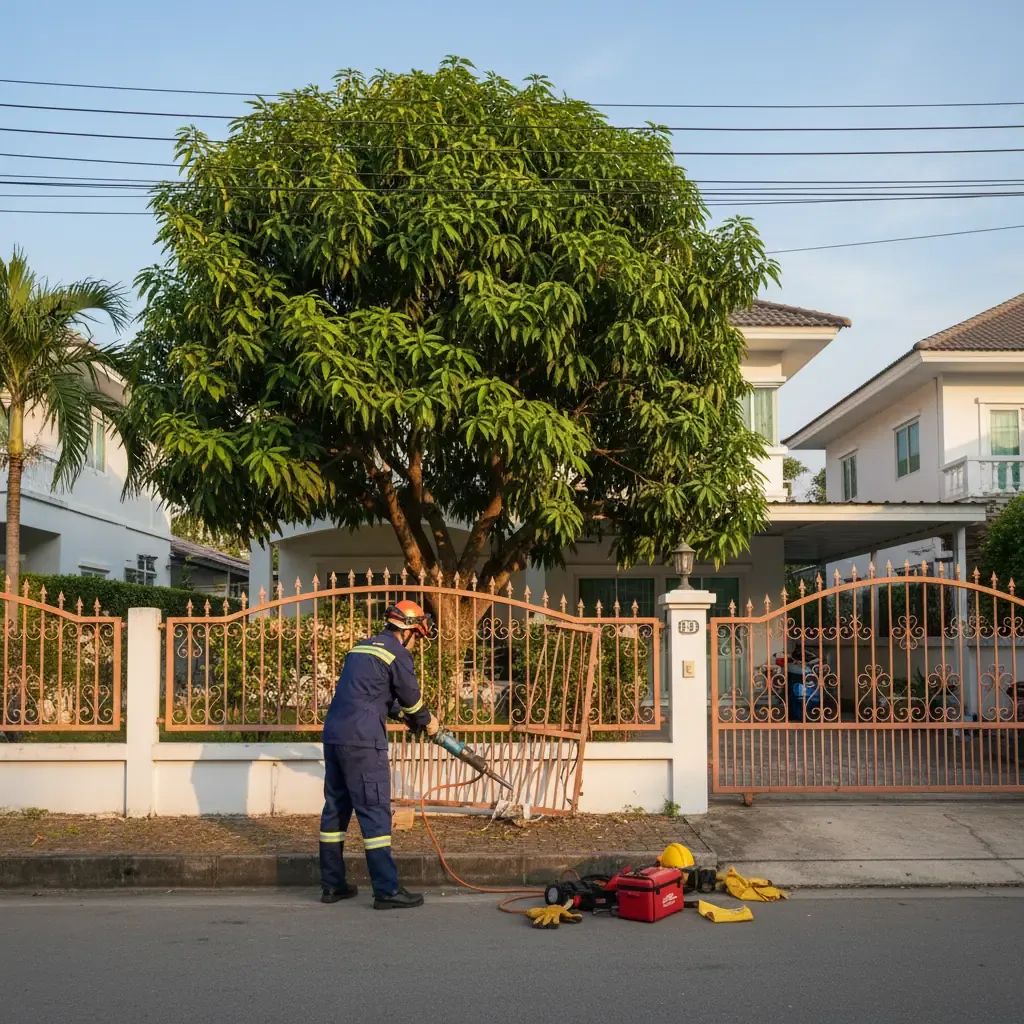 Emergency rescue team with hydraulic cutting equipment responding to household gardening accident in Thailand