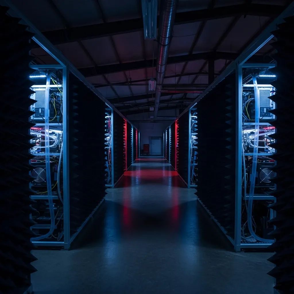 Interior of warehouse housing rows of bitcoin mining rigs with water-cooling loops