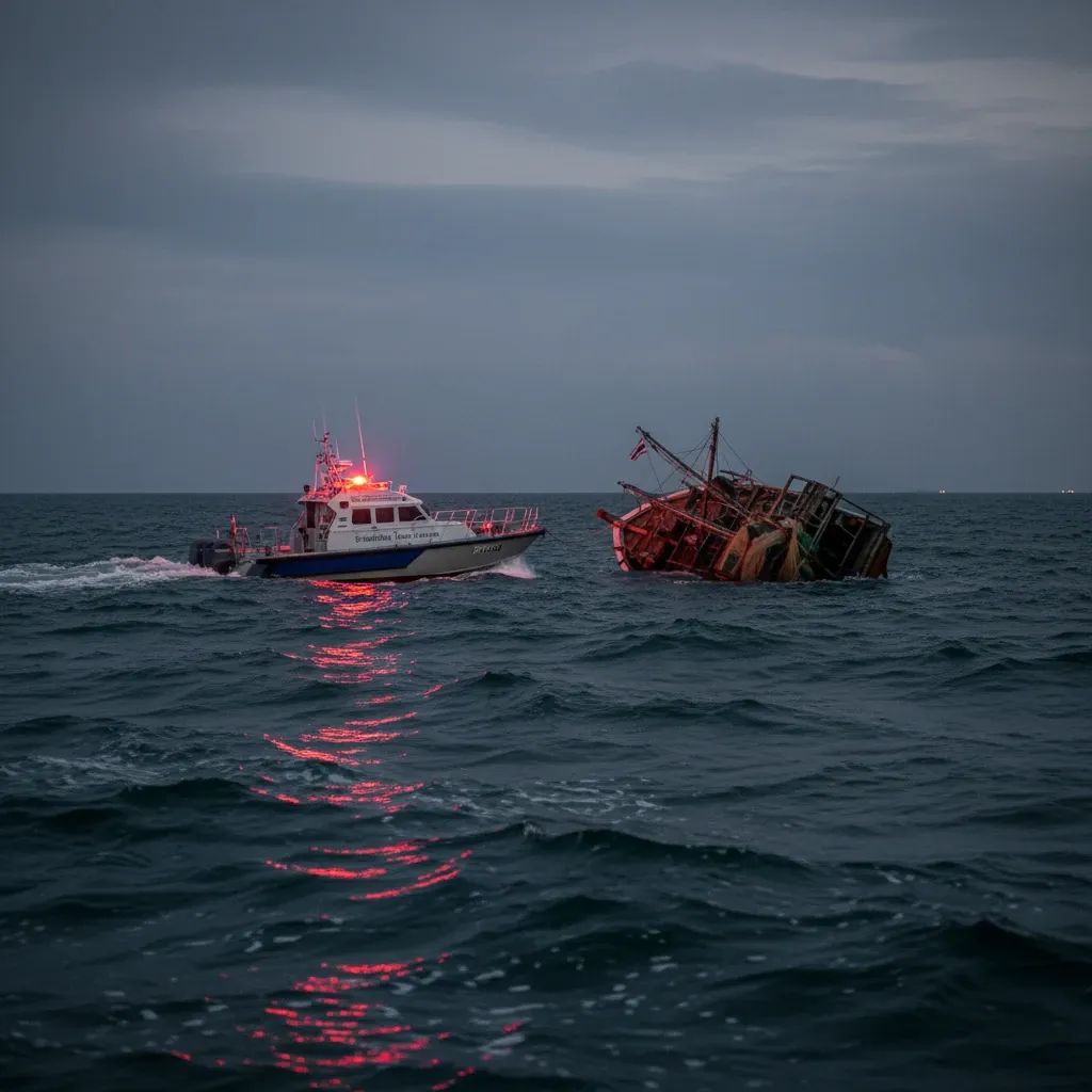 Thai marine police boat shines emergency lights on an overturned squid trawler in rough Sattahip waters at night