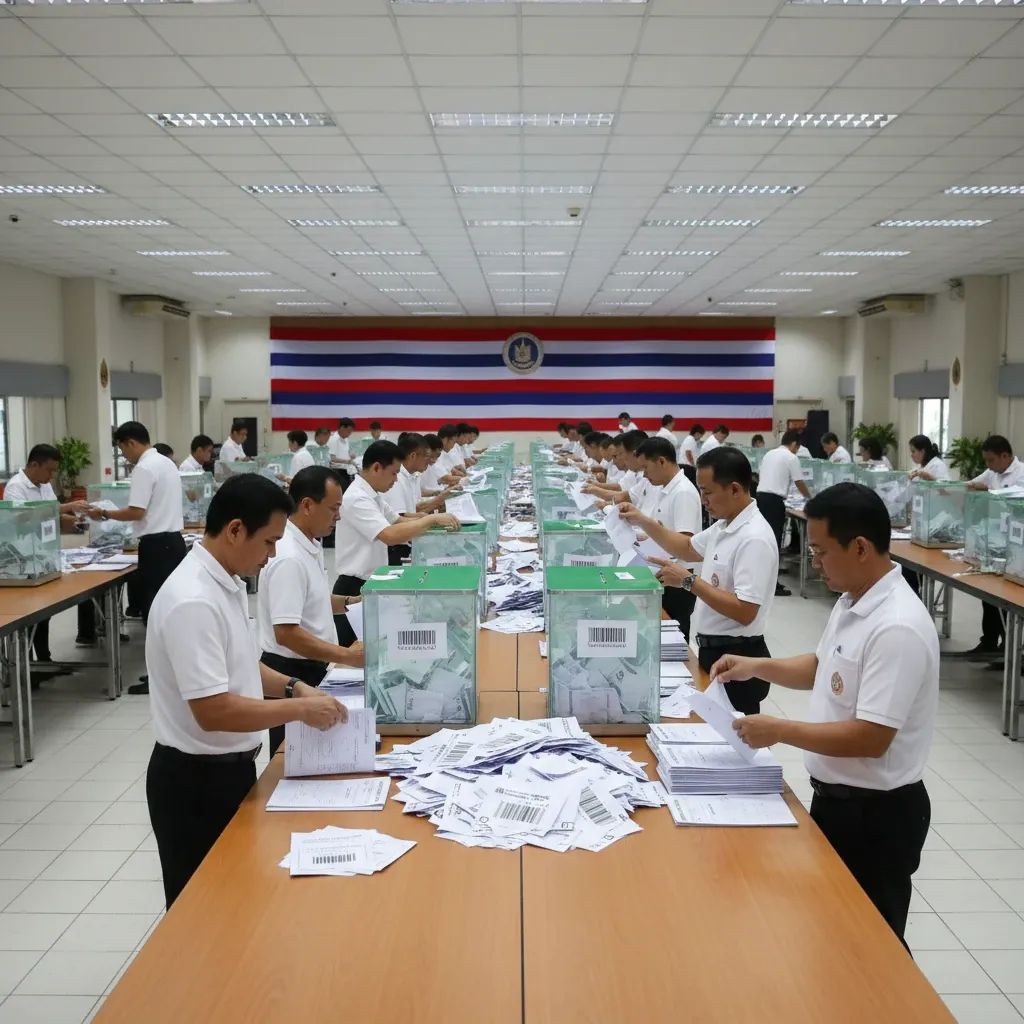 Thai election staff recounting ballots with transparent ballot boxes inside a community hall