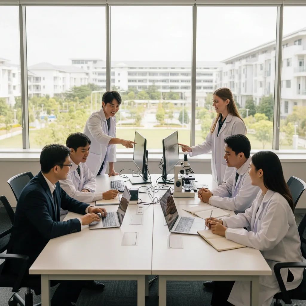 Young professionals and students collaborating in modern research laboratory environment