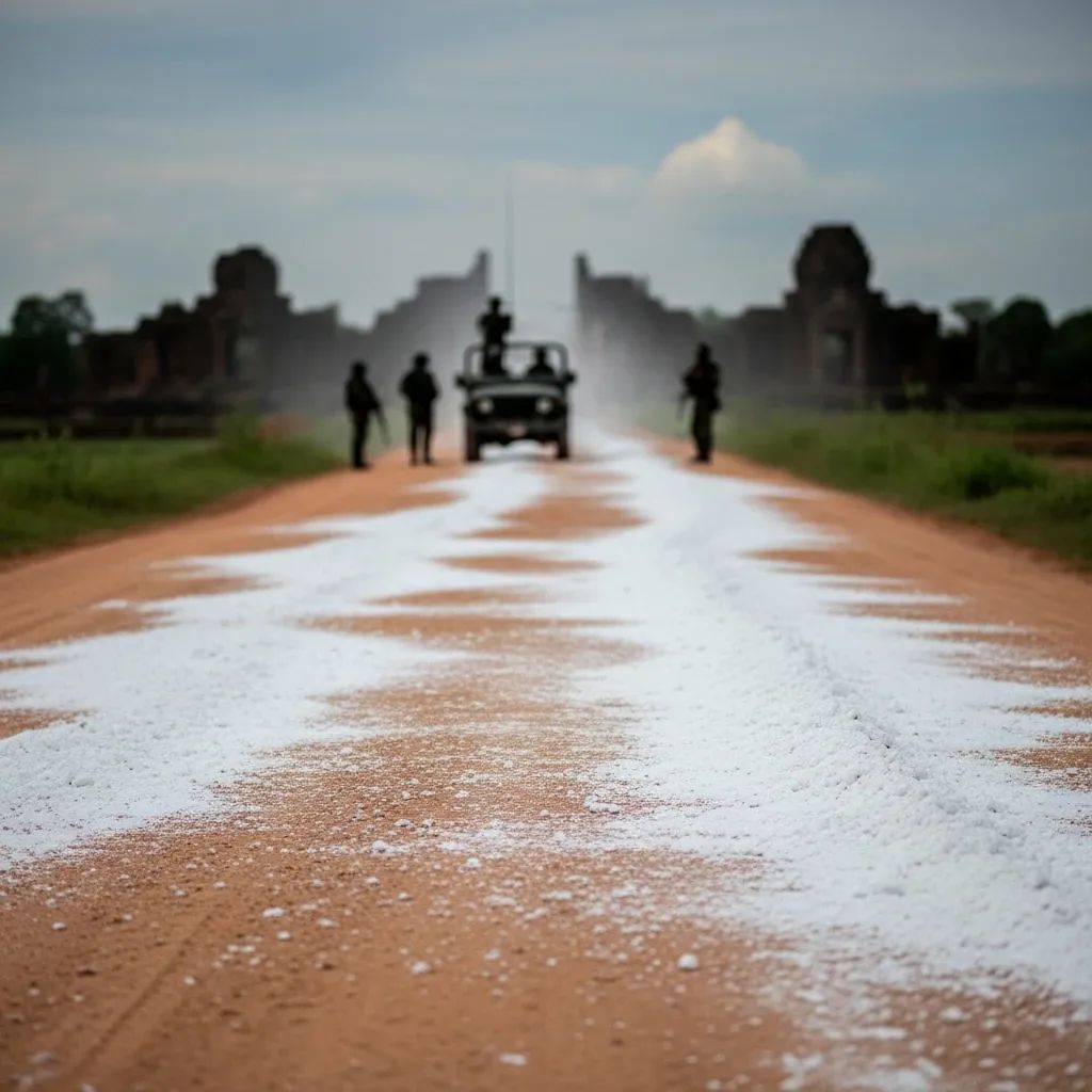 Rural border road dusted with quicklime, military jeep and soldiers near ancient ruins under overcast sky