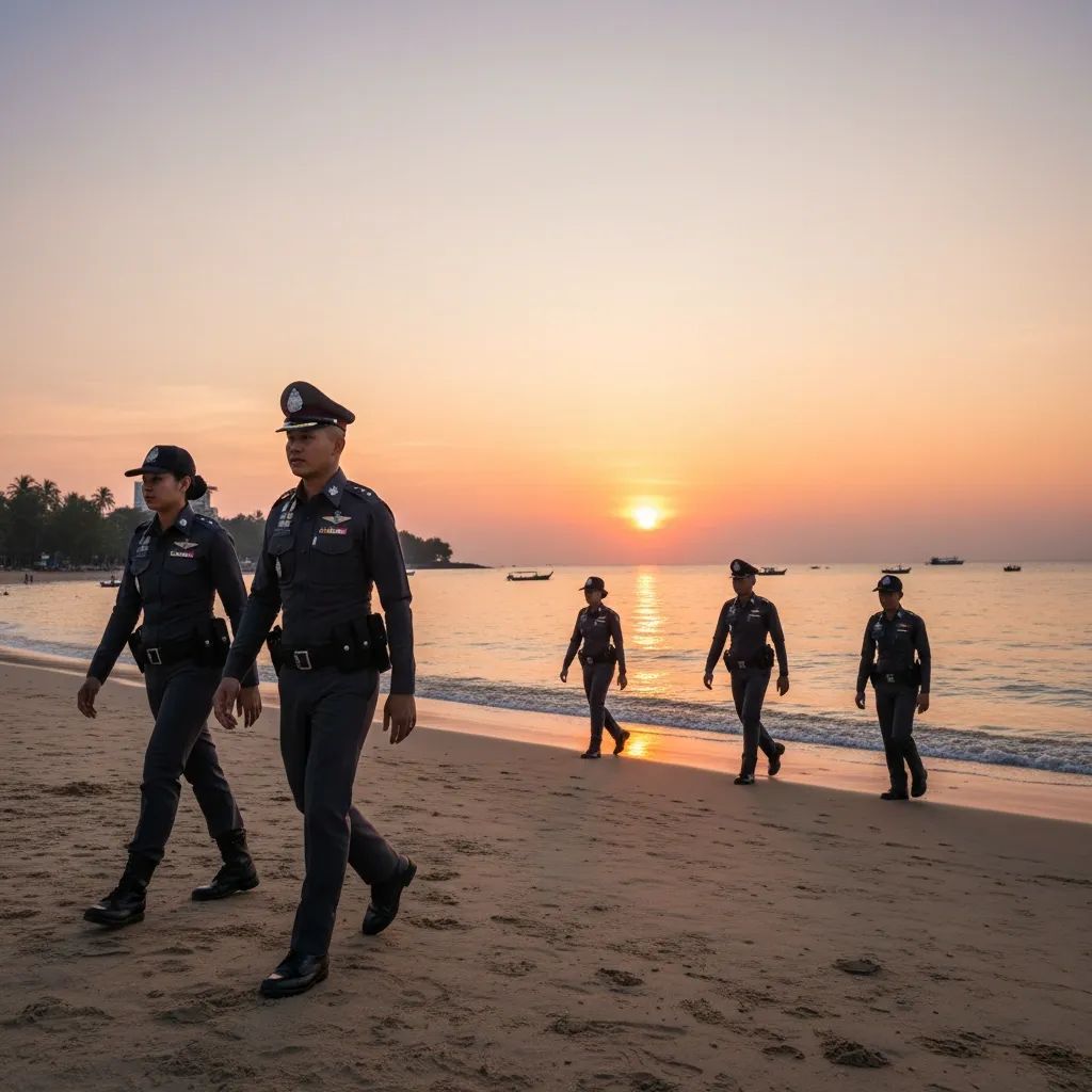 Police officers conducting evening patrols along Pattaya Beach as part of new safety enforcement operations