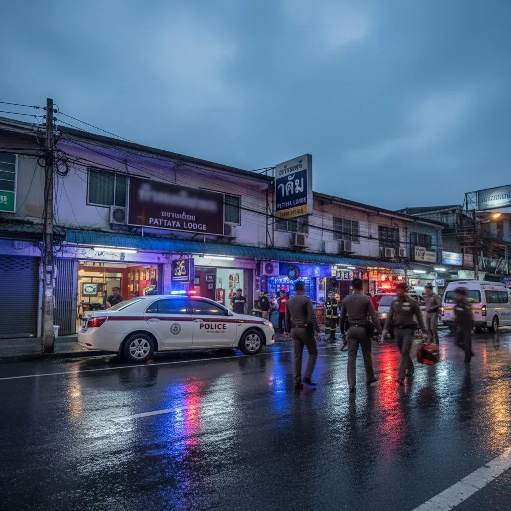 Thai police car outside a Pattaya budget hotel at night, scene illustrating rescue of kidnapped tourist