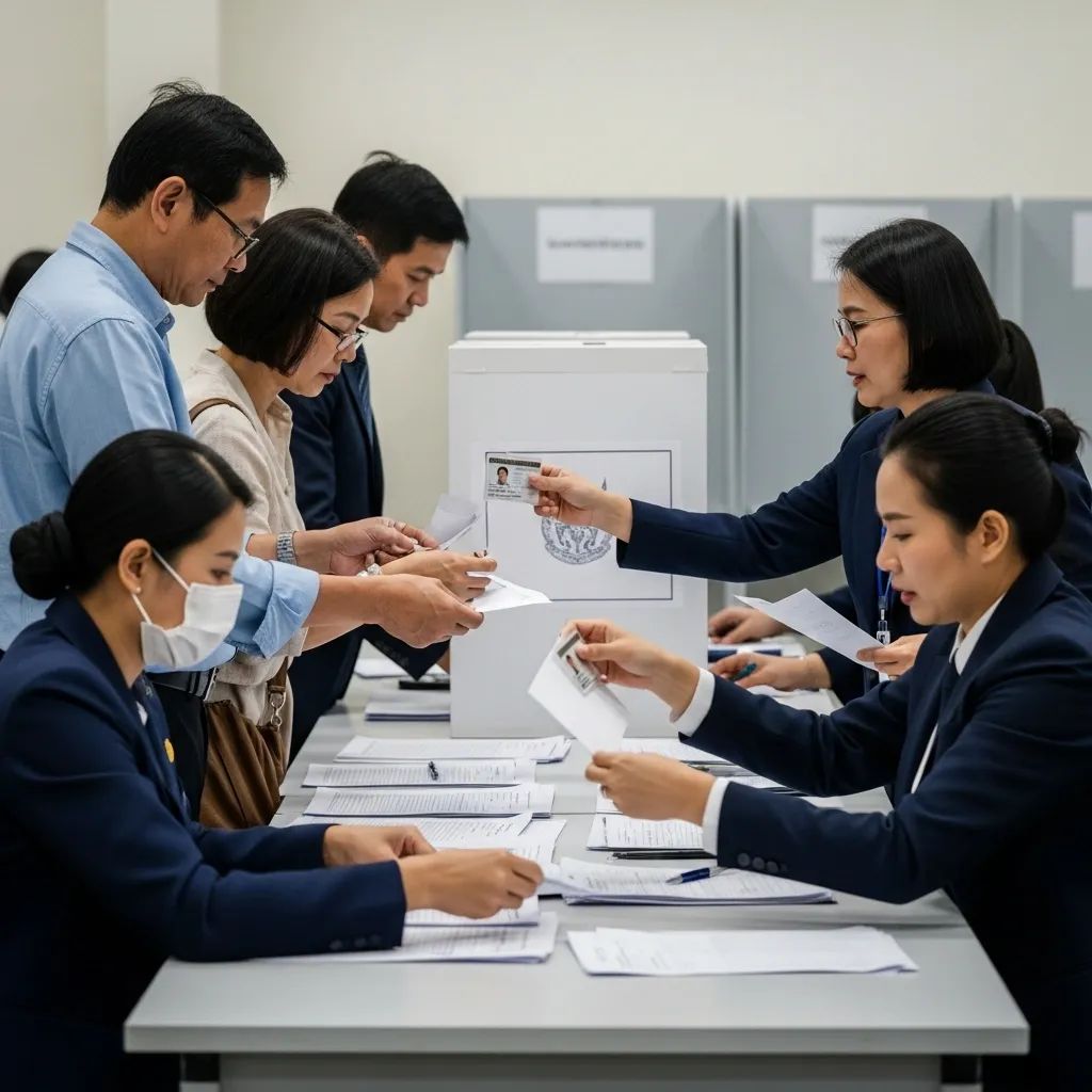 Thai voters showing ID and receiving ballots at a polling station desk